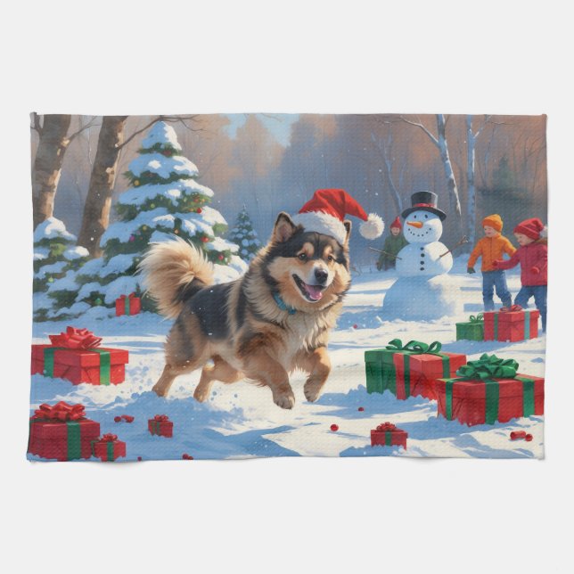 Finnish Lapphund Running Snow with Christmas Hat Tea Towel (Horizontal)