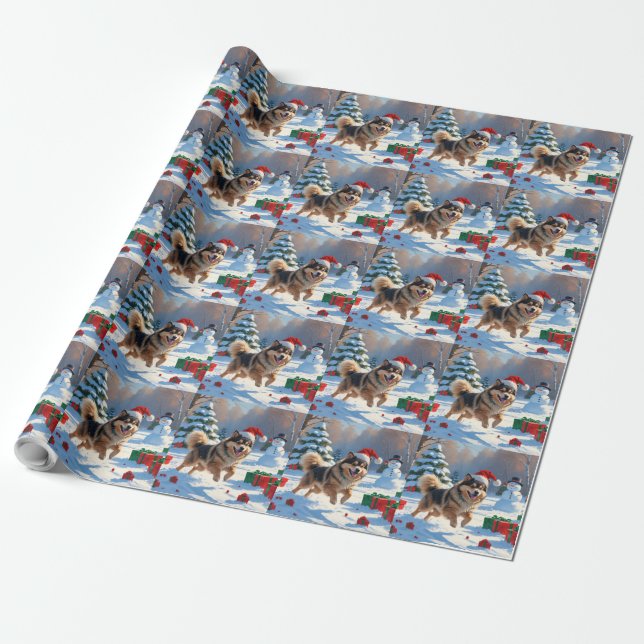 Finnish Lapphund Running Snow with Christmas Hat Wrapping Paper (Unrolled)