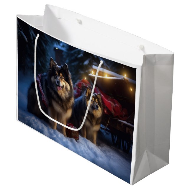 Finnish Lapphund Snowy Sleigh Christmas Decor  Large Gift Bag (Front Angled)
