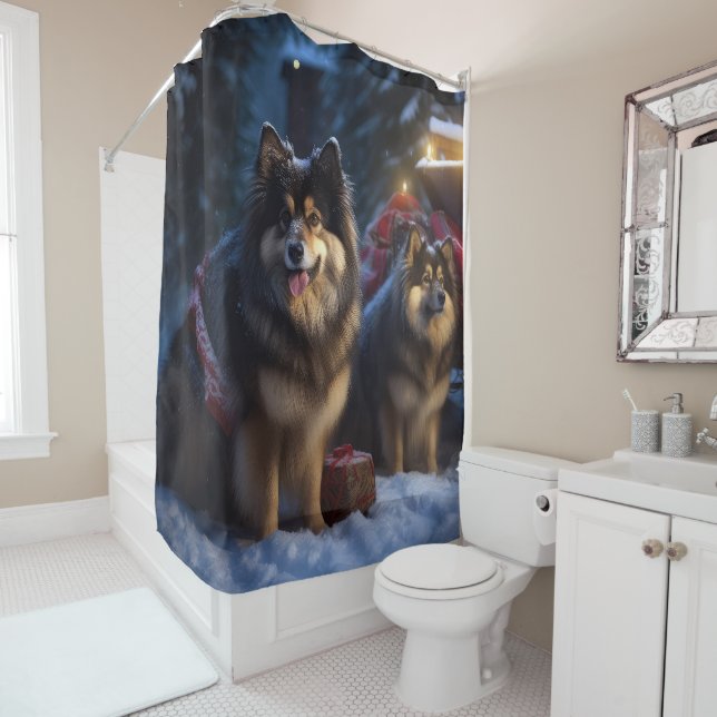 Finnish Lapphund Snowy Sleigh Christmas Decor  Shower Curtain (In Situ)