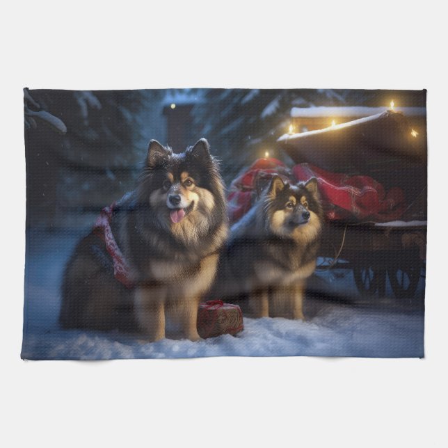 Finnish Lapphund Snowy Sleigh Christmas Decor  Tea Towel (Horizontal)