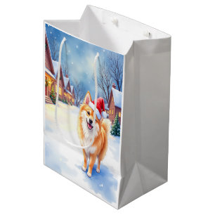 Finnish Lapphund Snowy Village Santa Hat Christmas Medium Gift Bag
