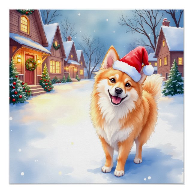 Finnish Lapphund Snowy Village Santa Hat Christmas Poster (Front)