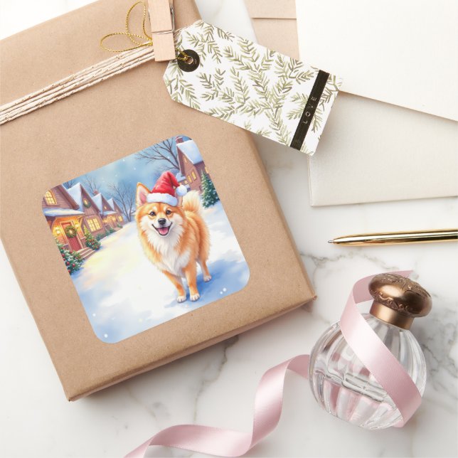 Finnish Lapphund Snowy Village Santa Hat Christmas Square Sticker (Gifting)