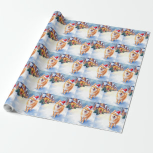 Finnish Lapphund Snowy Village Santa Hat Christmas Wrapping Paper