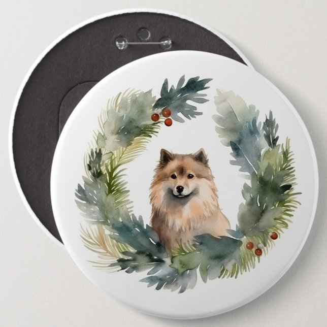Finnish lappund Christmas Wreath Festive Pup 6 Cm Round Badge (Front & Back)