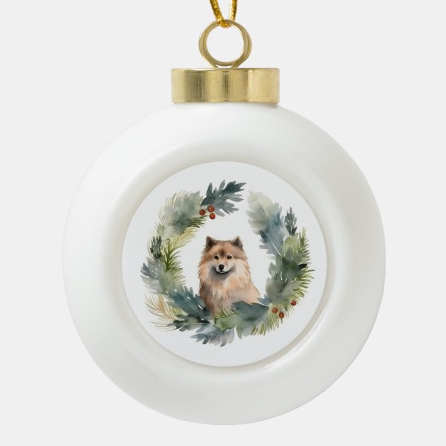 Finnish lappund Christmas Wreath Festive Pup Ceramic Ball Christmas Ornament (Front)