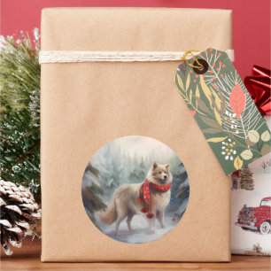Finnish Lappund Dog in Snow Christmas  Classic Round Sticker