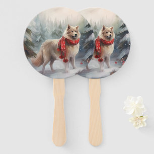 Finnish Lappund Dog in Snow Christmas  Hand Fan