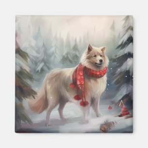 Finnish Lappund Dog in Snow Christmas Magnet