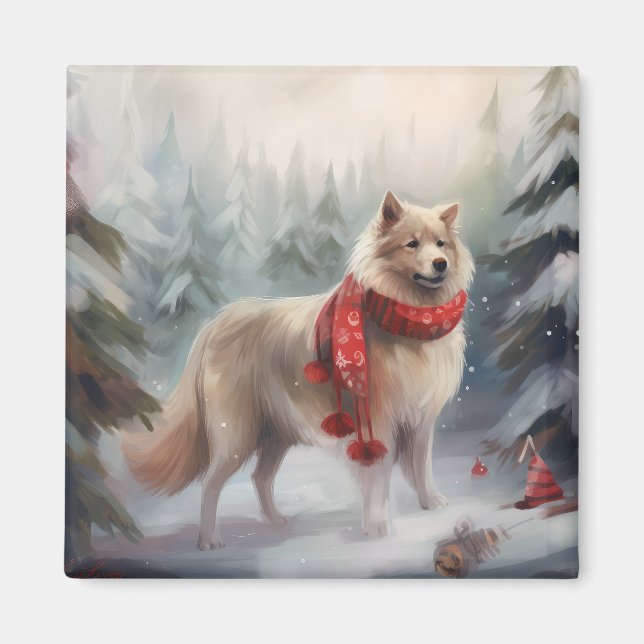 Finnish Lappund Dog in Snow Christmas  Magnet (Front)