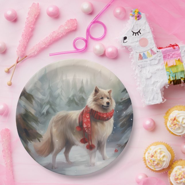 Finnish Lappund Dog in Snow Christmas  Paper Plate (Party)