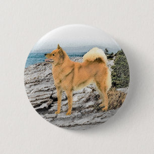 Finnish Spitz at Seashore Painting - Dog Art 6 Cm Round Badge