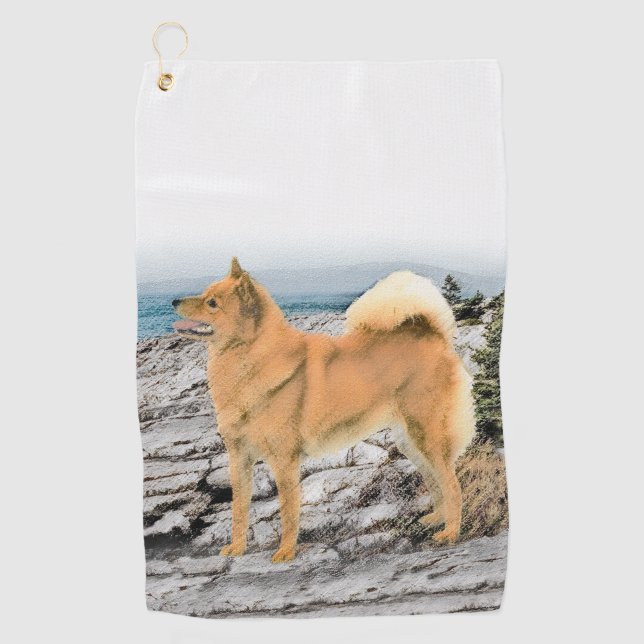Finnish Spitz at Seashore Painting - Dog Art Golf Towel (Front)