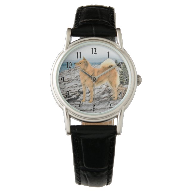 Finnish Spitz at Seashore Painting - Dog Art Watch (Front)
