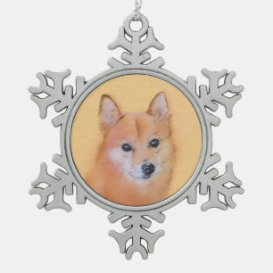 Finnish Spitz Painting - Cute Original Dog Art Snowflake Pewter Christmas Ornament