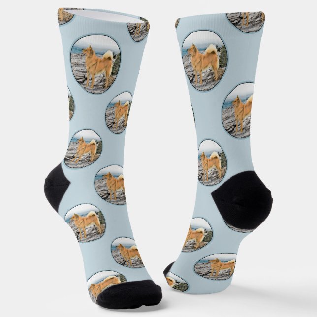 Finnish Spitz Seashore Painting Original Dog Art Socks (Angled)