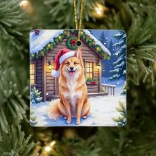 Finnish Spitz Snowy Cabin Santa Hat Christmas Art Ceramic Ornament