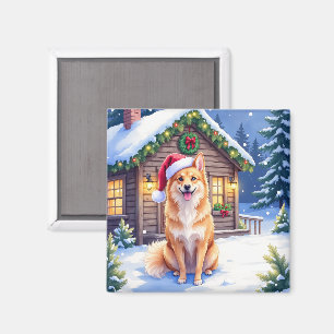Finnish Spitz Snowy Cabin Santa Hat Christmas Art Magnet