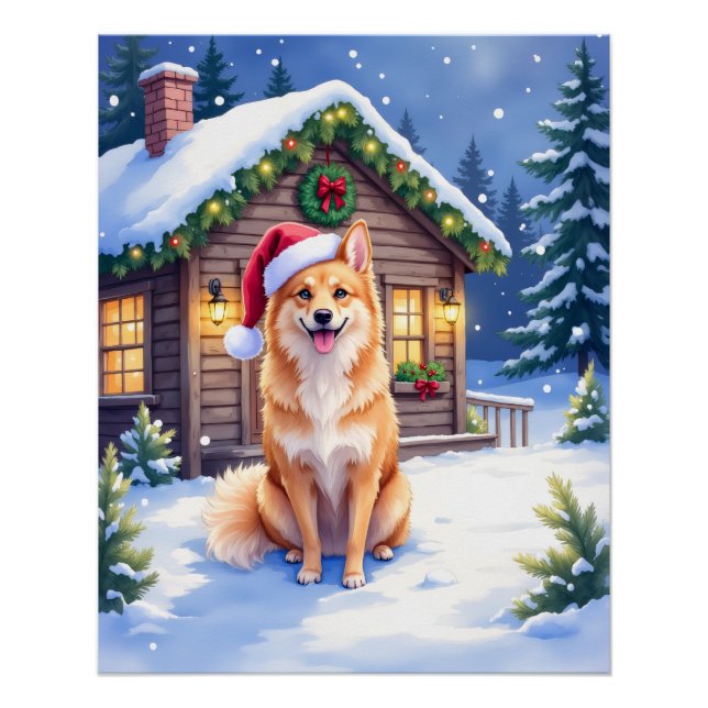 Finnish Spitz Snowy Cabin Santa Hat Christmas Art Poster (Front)