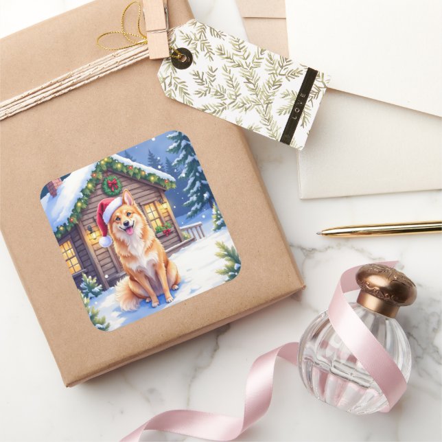 Finnish Spitz Snowy Cabin Santa Hat Christmas Art Square Sticker (Gifting)
