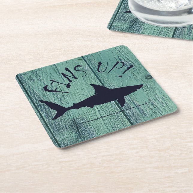 Fins Up Great White Shark Blue Wood Square Paper Coaster (Angled)