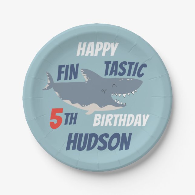 Fintastic Happy Shark Birthday Party, Any Age Paper Plate (Front)