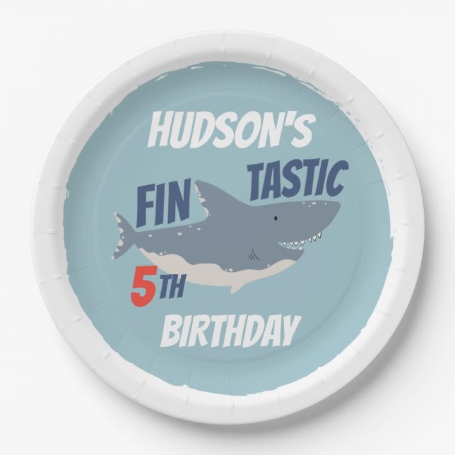 Fintastic Happy Shark Birthday Party, Any Age Paper Plate (Front)