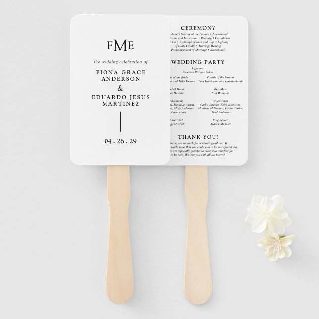 Fiona Black and White Bold Monogram Modern Wedding Hand Fan (Front and Back)