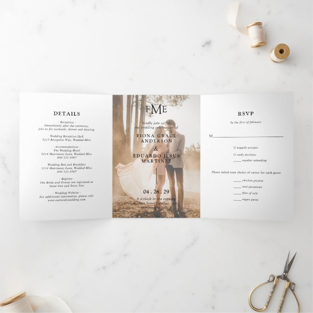 Fiona Photo Bold Monogram Modern Wedding Tri-Fold Invitation (Inside)
