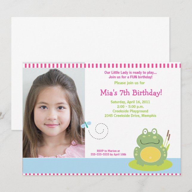 Fiona the Green Pond Frog *PHOTO* Birthday 5x7 Invitation (Front/Back)