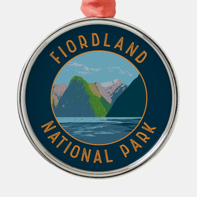 Fiordland National Park New Zealand Retro Circle Metal Tree Decoration (Front)