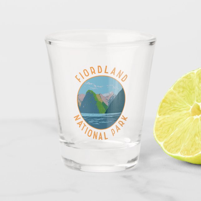 Fiordland National Park New Zealand Retro Circle Shot Glass (Front)