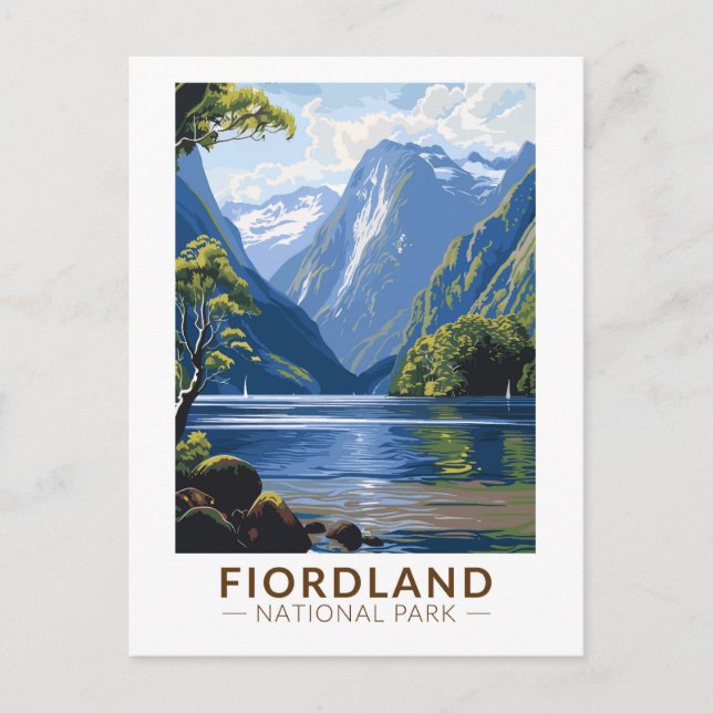 Fiordland National Park Travel Art Vintage Postcard (Front)