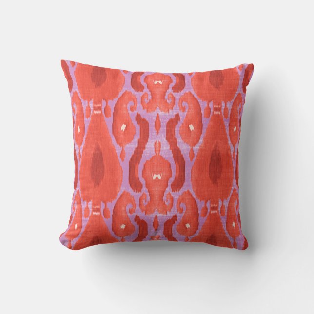 Fiore Ikat Print Throw Pillow, Coral Red & Purple Cushion (Front)