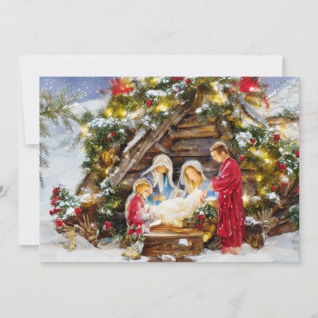 Fir and berries Nativity budget Christmas Holiday Card (Front)