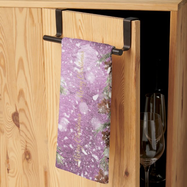 Fir Branches With Pine Cones On Snow Tea Towel (Thirds Fold)