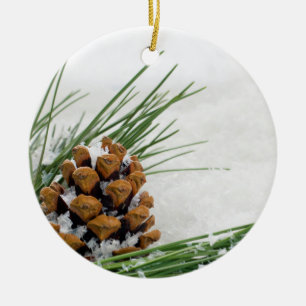 Fir Cone with Snow Flakes Round Christmas Ornament