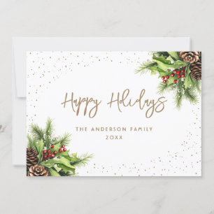 Fir Cones Holly Red Berries White Gold Holiday Card