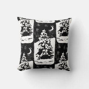 Fir Tree in Snowy Landscape Lino Print Cushion
