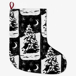 Fir Tree in Snowy Landscape Lino Print Large Christmas Stocking