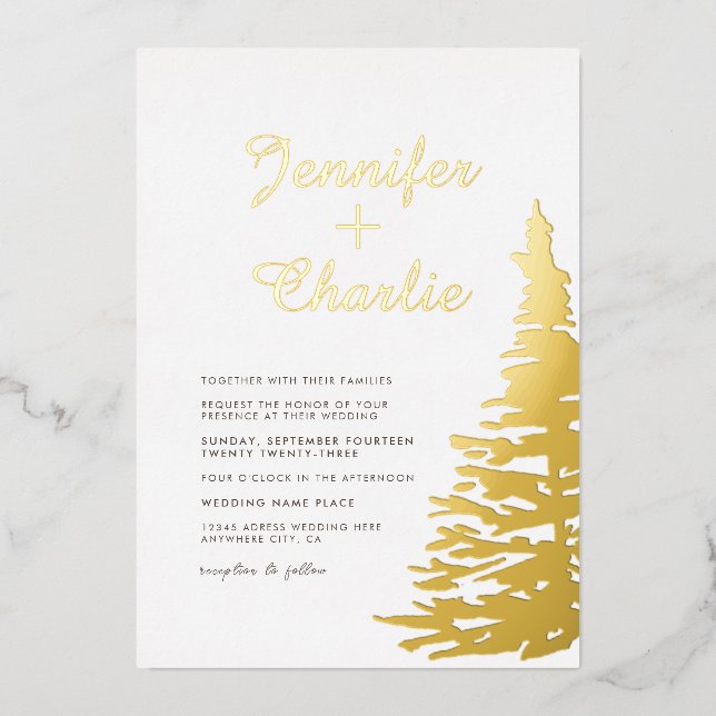Fir Tree Minimalist Modern White Gold Wedding (Front)