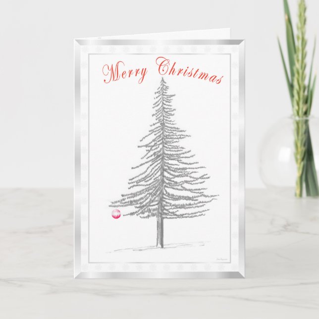 Fir Tree Sketch with Silver Snowflake Border Holiday Card (Front)