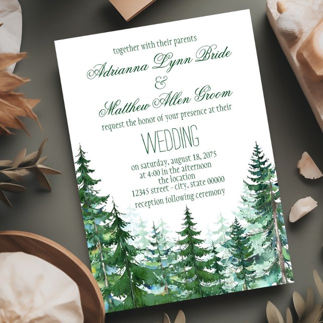 Fir Tree Wedding Invitations (Watercolor fir tree wedding invitations. You can add your own wording, font style and back color.)