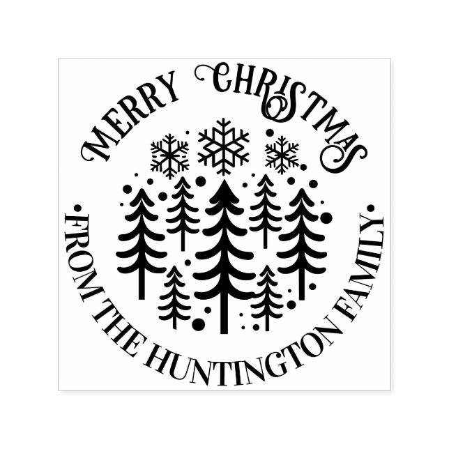 Fir Trees and Snowflakes Merry Christmas Name Self-inking Stamp (Design)