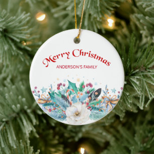 Fir Twigs And White Rose Ceramic Tree Decoration