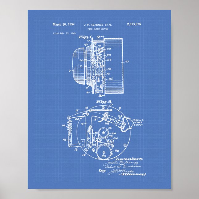 Fire Alarm System 1954 Patent Art - Blueprint Poster (Front)
