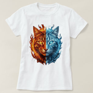 Fire and Ice Cat – Split Elemental Cat Face   T-Shirt