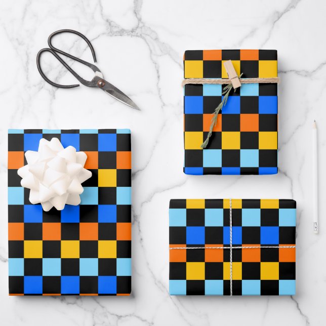 Fire and ice chequerboard pattern wrapping paper sheet (Front)