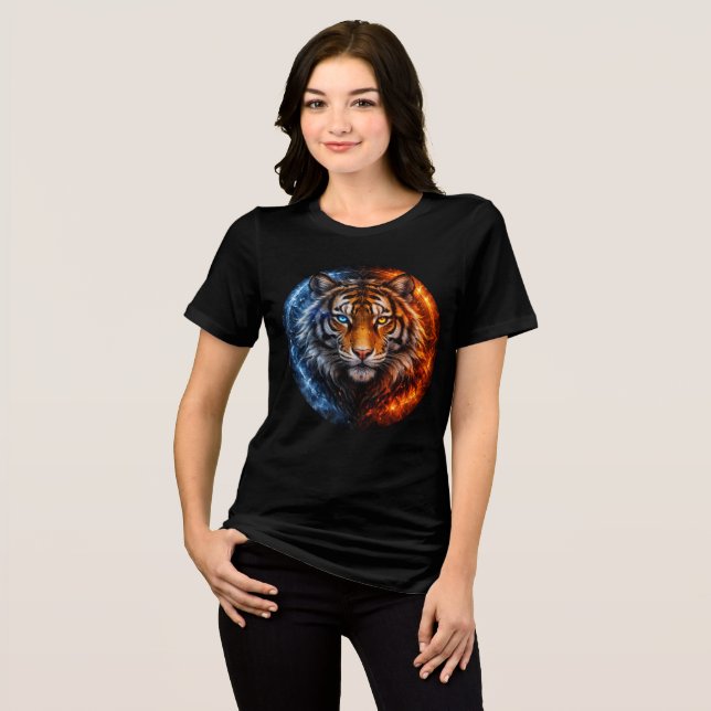 Fire and Ice Tiger – Elemental Fantasy Art Tri-Blend Shirt (Front Full)